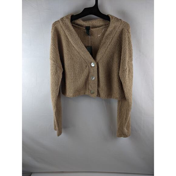 Cropped Cozy Cardigan Wild Fable Taupe L Brown Lightweight Fuzzy VNeck Button Up - Picture 4 of 11